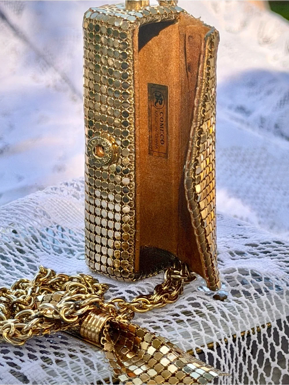 Vtg Gold Lip Stick Holder w/18” Chain & a Lady Ellen Gold Mesh Hair/Purse Clip